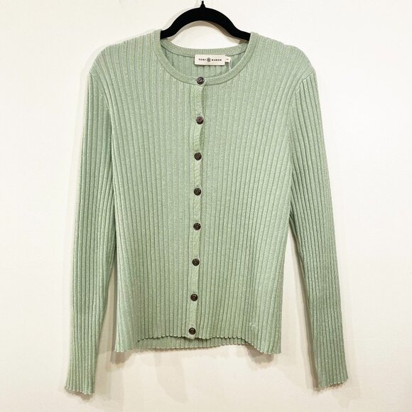 New Tory Burch Metallic Stripe Merino Wool Ribbed Cardigan Mint Green Large $448 - Picture 4 of 9